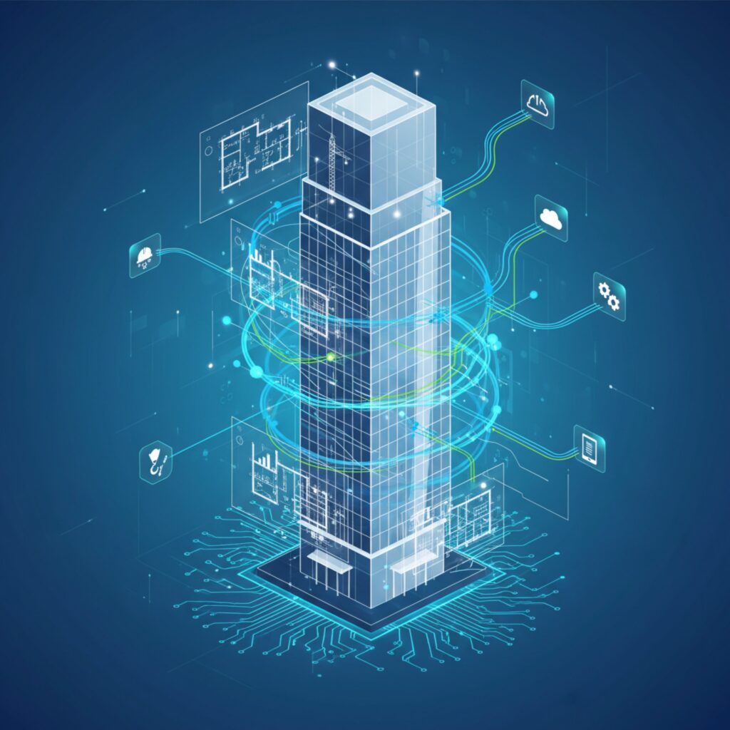3D-Darstellung eines modernen Hochhaus-Gebäudemodells mit digitalen Verbindungen und Datenpunkten, die den BIM-Prozess visualisieren.